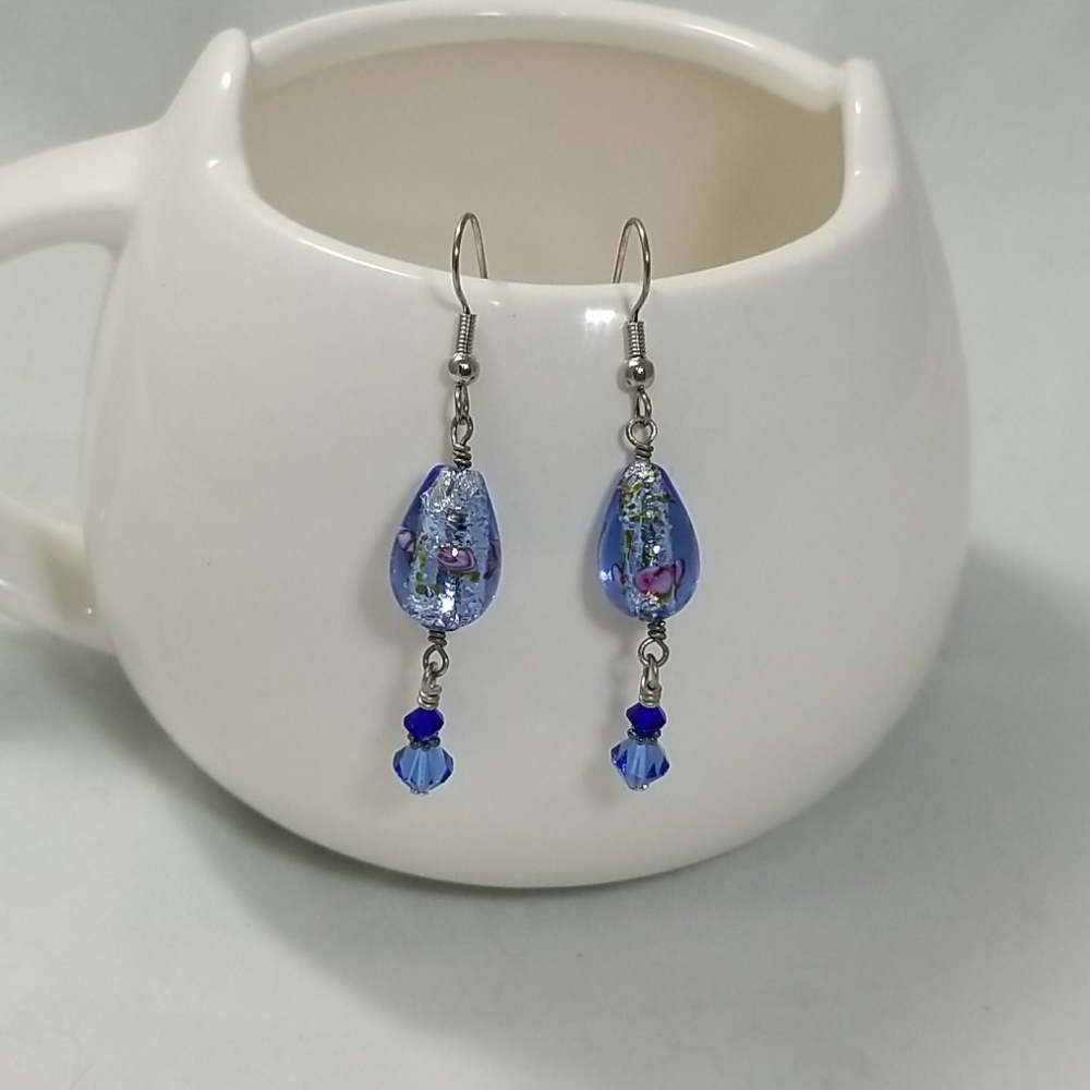 Swarovski and Floral Silver Foiled Blue Earrings